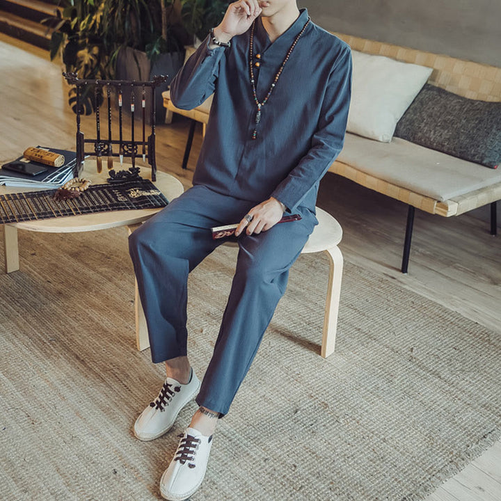 Conjunto de 2 piezas de camisa de algodón con Buddha Stones y pantalones hasta los tobillos con bolsillos para hombre. - image 37