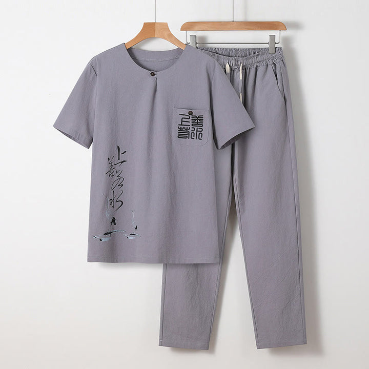 Conjunto de 2 piezas de camisa y pantalones de algodón con bolsillos y diseño de grullas con caracteres chinos de Buddha Stones y tela de meditación para hombre - Gris claro - US/UK/AU46, EU56 (5XL) - image 1