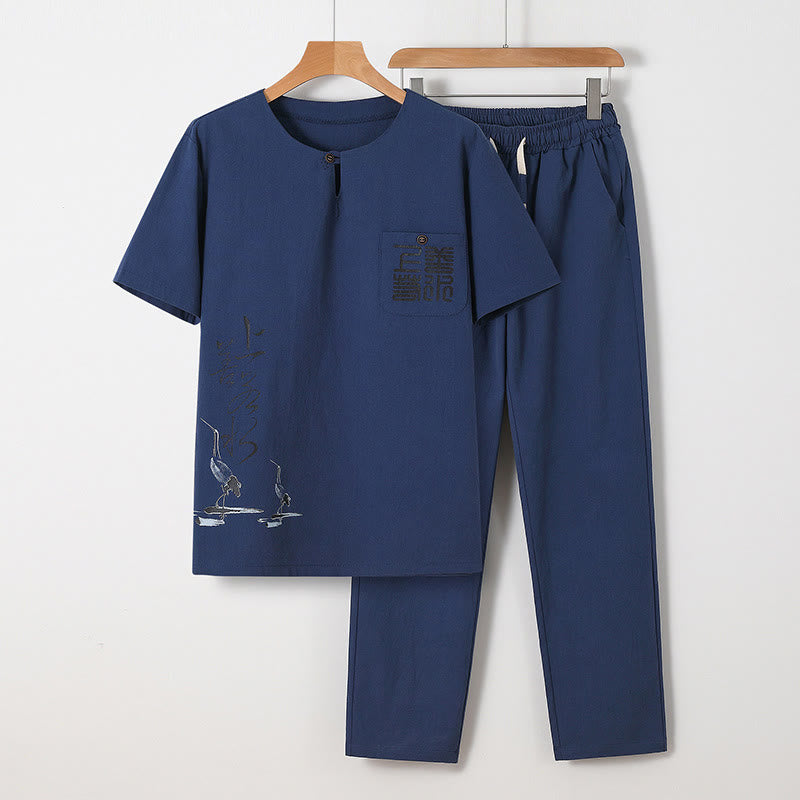Conjunto de 2 piezas de camisa y pantalones de algodón con bolsillos y diseño de grullas con caracteres chinos de Buddha Stones y tela de meditación para hombre - Azul acero - US/UK/AU46, EU56 (5XL) - image 5