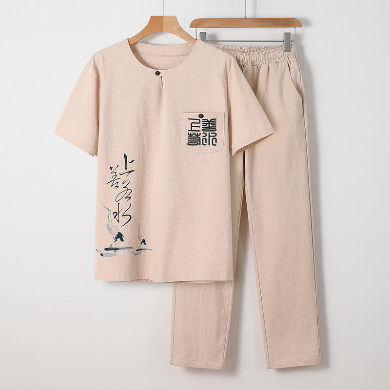 Conjunto de 2 piezas de camisa y pantalones de algodón con bolsillos y diseño de grullas con caracteres chinos de Buddha Stones y tela de meditación para hombre - Sopa de mariscos - US/UK/AU46, EU56 (5XL) - image 2