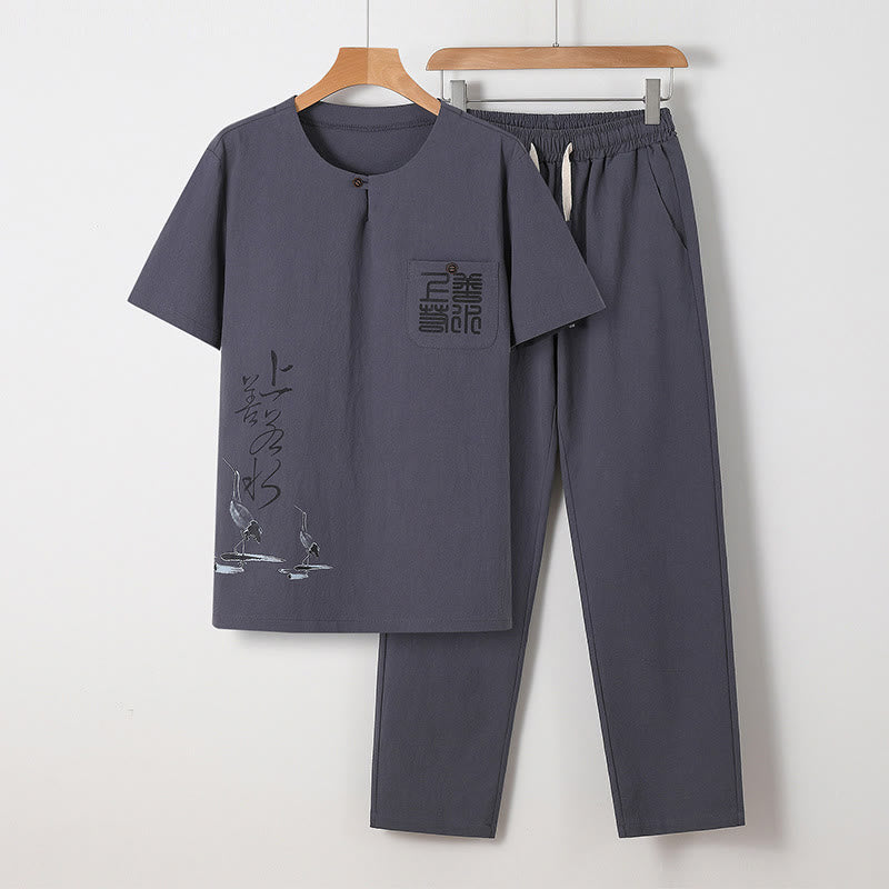 Conjunto de 2 piezas de camisa y pantalones de algodón con bolsillos y diseño de grullas con caracteres chinos de Buddha Stones y tela de meditación para hombre - Gris - US/UK/AU46, EU56 (5XL) - image 18