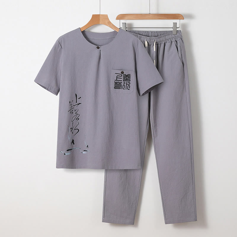Conjunto de 2 piezas de camisa y pantalones de algodón con bolsillos y diseño de grullas con caracteres chinos de Buddha Stones y tela de meditación para hombre - Gris claro - US/UK/AU46, EU56 (5XL) - image 0