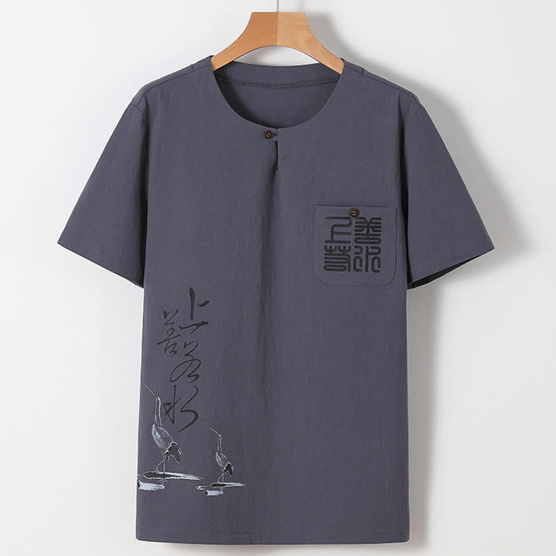 Conjunto de 2 piezas de camisa y pantalones de algodón con bolsillos y diseño de grullas con caracteres chinos de Buddha Stones y tela de meditación para hombre - image 20