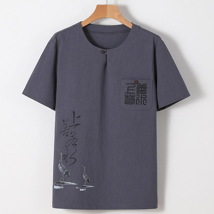 Conjunto de 2 piezas de camisa y pantalones de algodón con bolsillos y diseño de grullas con caracteres chinos de Buddha Stones y tela de meditación para hombre - image 19