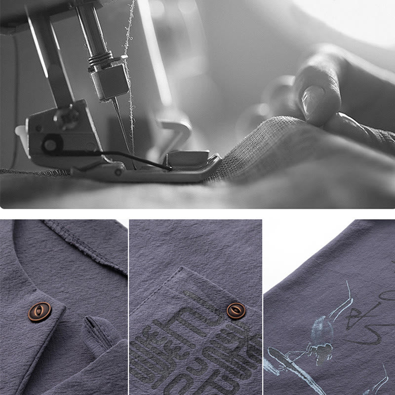 Conjunto de 2 piezas de camisa y pantalones de algodón con bolsillos y diseño de grullas con caracteres chinos de Buddha Stones y tela de meditación para hombre - image 28