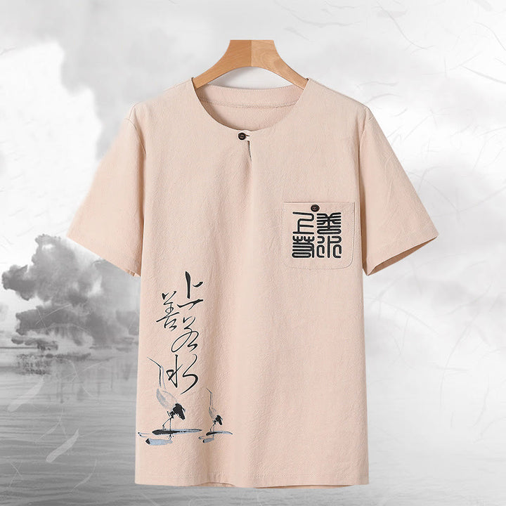 Conjunto de 2 piezas de camisa y pantalones de algodón con bolsillos y diseño de grullas con caracteres chinos de Buddha Stones y tela de meditación para hombre - image 3