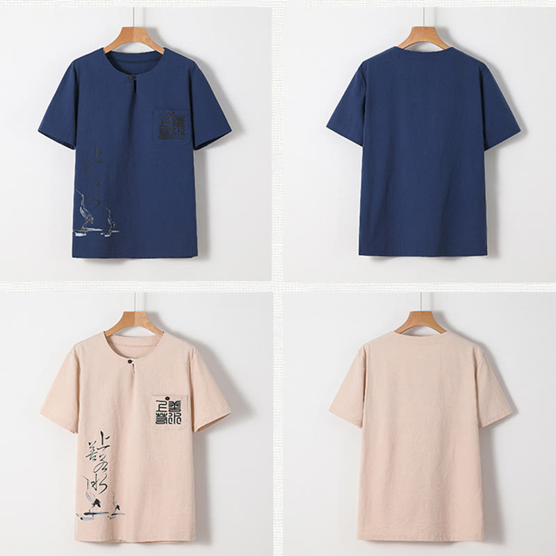 Conjunto de 2 piezas de camisa y pantalones de algodón con bolsillos y diseño de grullas con caracteres chinos de Buddha Stones y tela de meditación para hombre - image 4