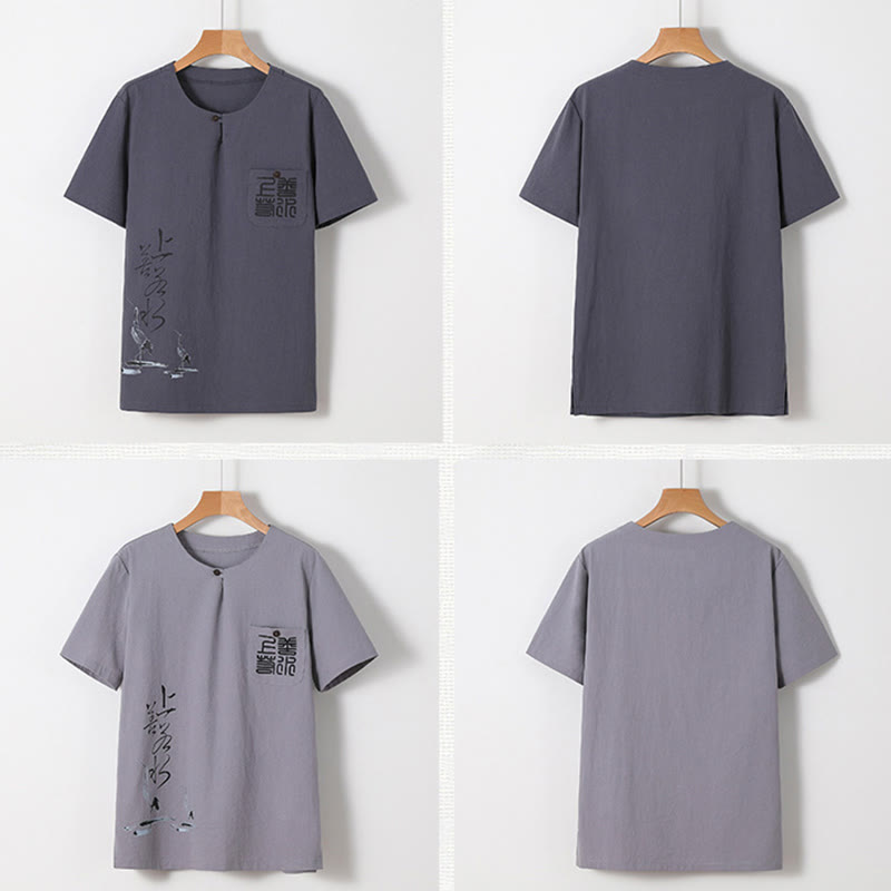 Conjunto de 2 piezas de camisa y pantalones de algodón con bolsillos y diseño de grullas con caracteres chinos de Buddha Stones y tela de meditación para hombre - image 29