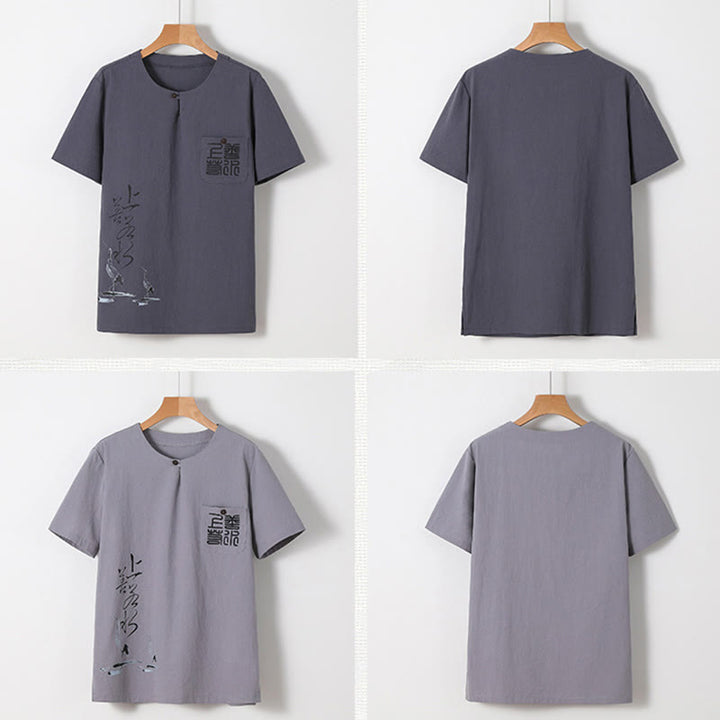 Conjunto de 2 piezas de camisa y pantalones de algodón con bolsillos y diseño de grullas con caracteres chinos de Buddha Stones y tela de meditación para hombre - image 29