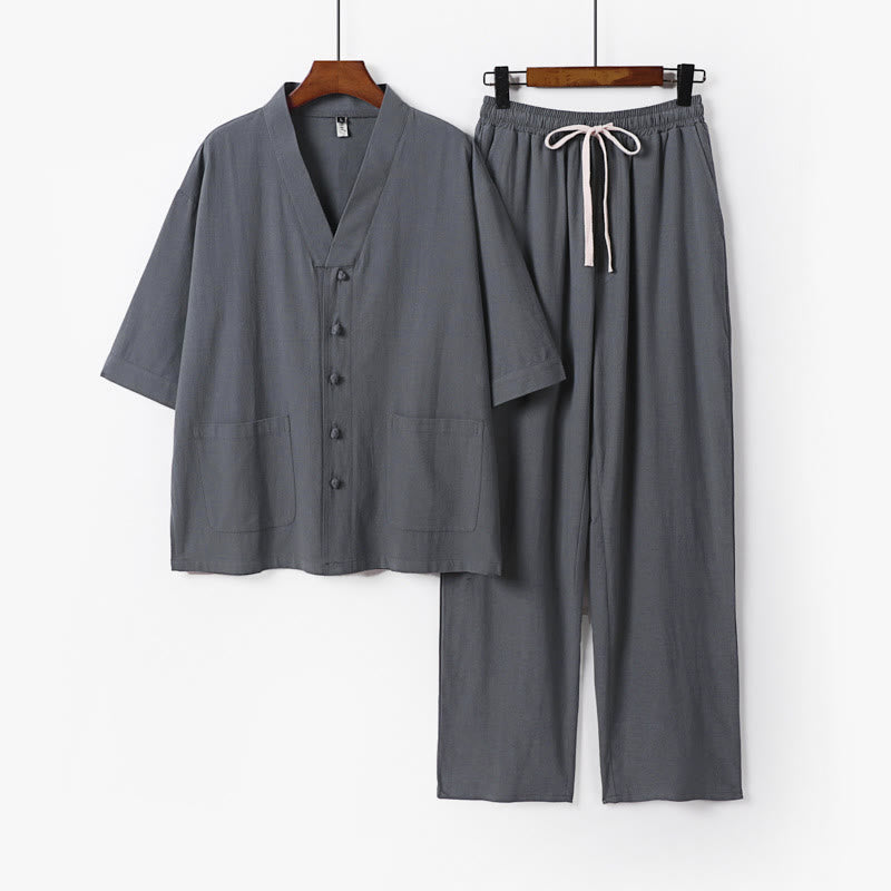Conjunto de 2 piezas de camisa y pantalones de algodón con cuello en V y bolsillos para meditación de verano para hombre con Buddha Stones - Gris claro - US. UK/ AU56, UE66 (9XL) - image 1