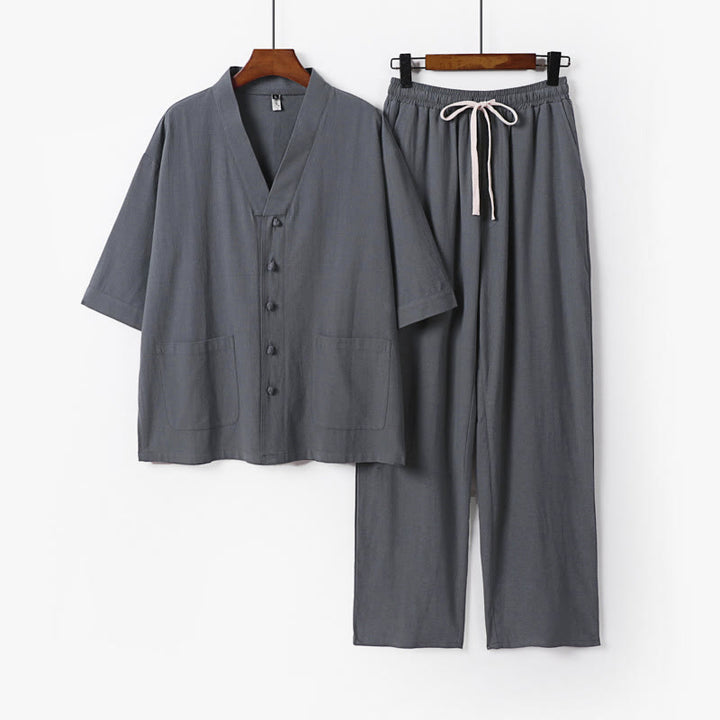 Conjunto de 2 piezas de camisa y pantalones de algodón con cuello en V y bolsillos para meditación de verano para hombre con Buddha Stones - Gris claro - US. UK/ AU56, UE66 (9XL) - image 1