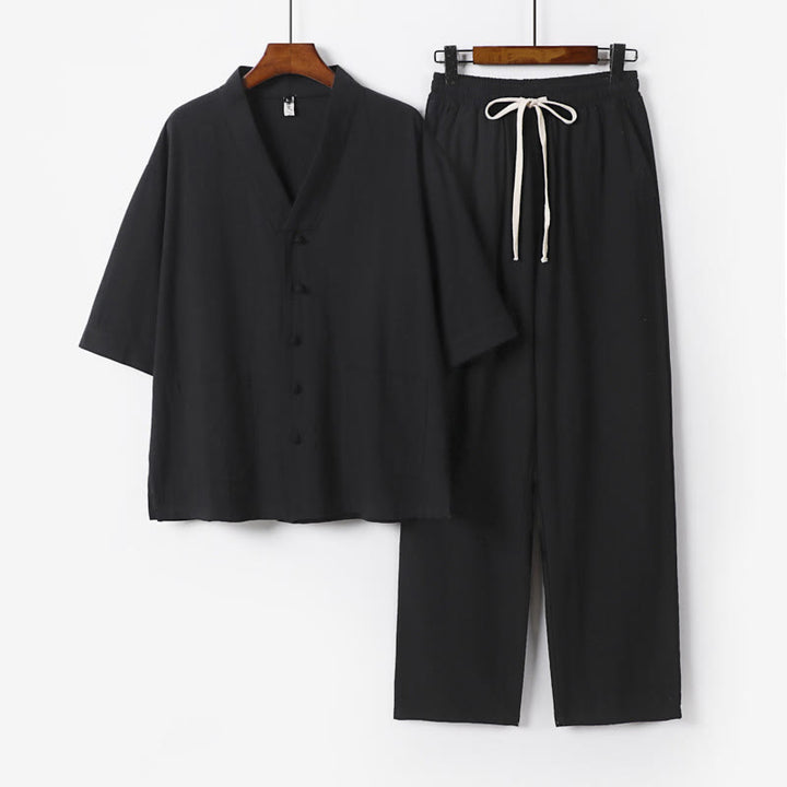 Conjunto de 2 piezas de camisa y pantalones de algodón con cuello en V y bolsillos para meditación de verano para hombre con Buddha Stones - Negro - US. UK/ AU56, UE66 (9XL) - image 12