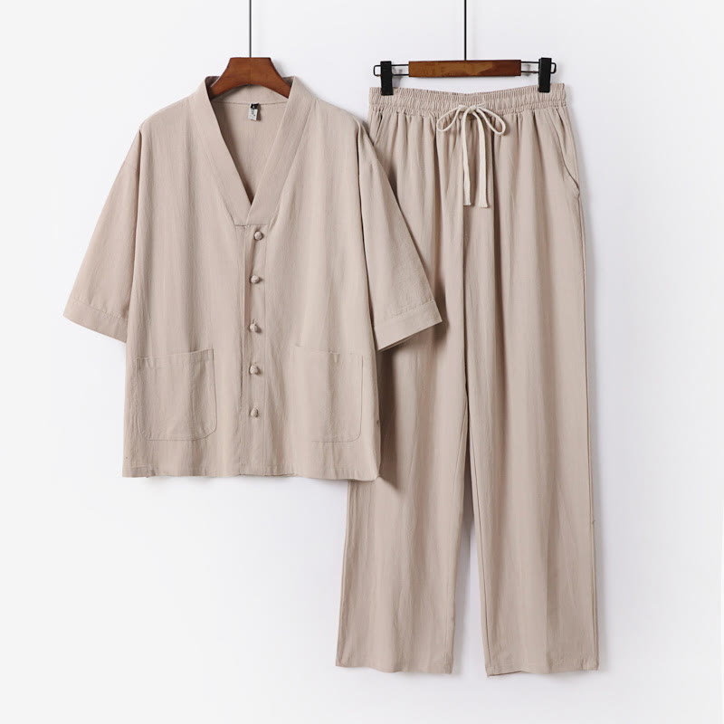 Conjunto de 2 piezas de camisa y pantalones de algodón con cuello en V y bolsillos para meditación de verano para hombre con Buddha Stones - Trigo - US. UK/ AU56, UE66 (9XL) - image 15