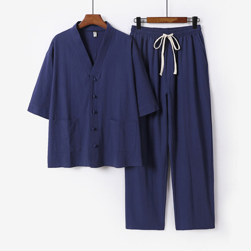 Conjunto de 2 piezas de camisa y pantalones de algodón con cuello en V y bolsillos para meditación de verano para hombre con Buddha Stones - Azul acero - US. UK/ AU56, UE66 (9XL) - image 18