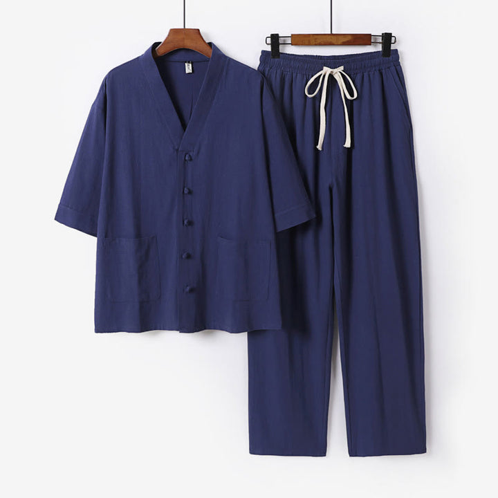 Conjunto de 2 piezas de camisa y pantalones de algodón con cuello en V y bolsillos para meditación de verano para hombre con Buddha Stones - Azul acero - US. UK/ AU56, UE66 (9XL) - image 18