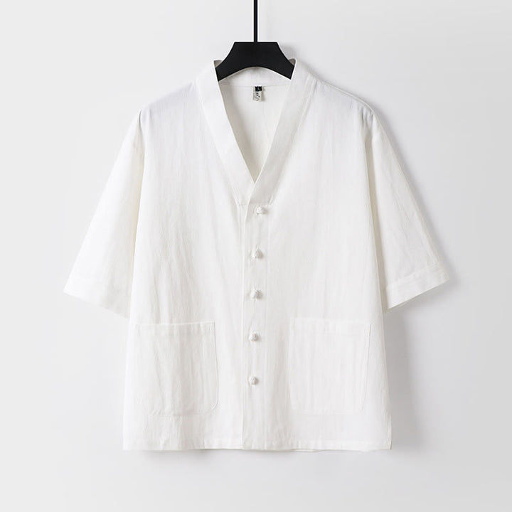 Conjunto de 2 piezas de camisa y pantalones de algodón con cuello en V y bolsillos para meditación de verano para hombre con Buddha Stones - image 5