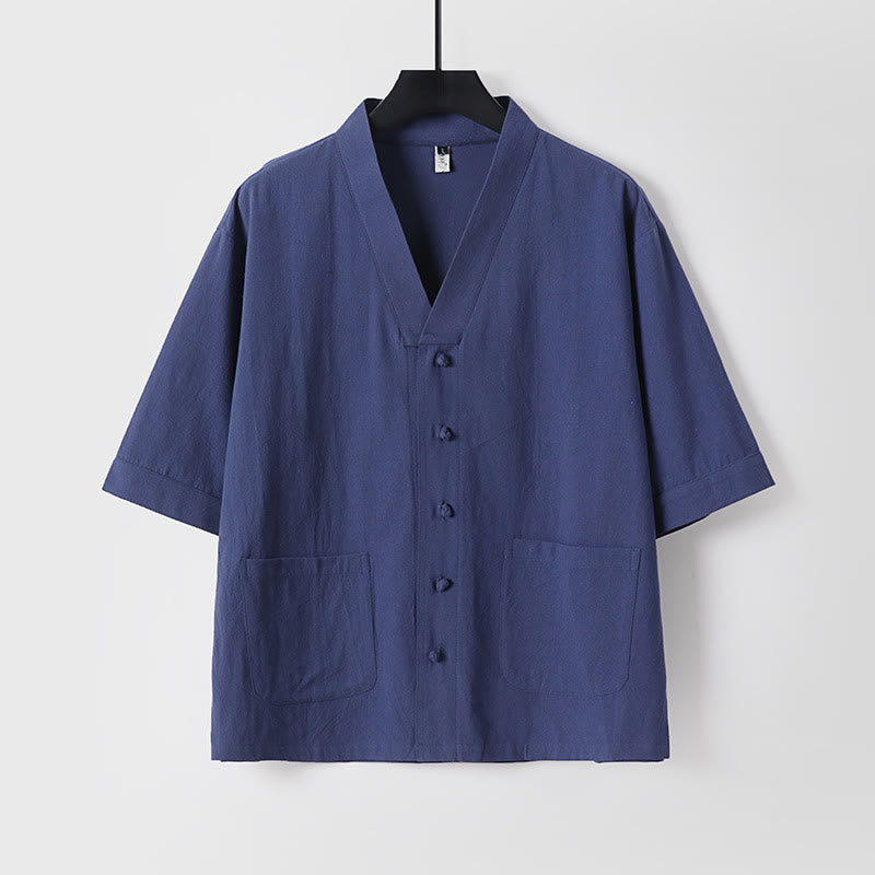 Conjunto de 2 piezas de camisa y pantalones de algodón con cuello en V y bolsillos para meditación de verano para hombre con Buddha Stones - image 19