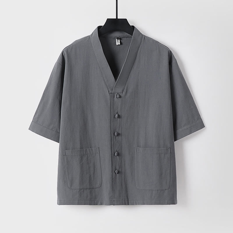 Conjunto de 2 piezas de camisa y pantalones de algodón con cuello en V y bolsillos para meditación de verano para hombre con Buddha Stones - image 2
