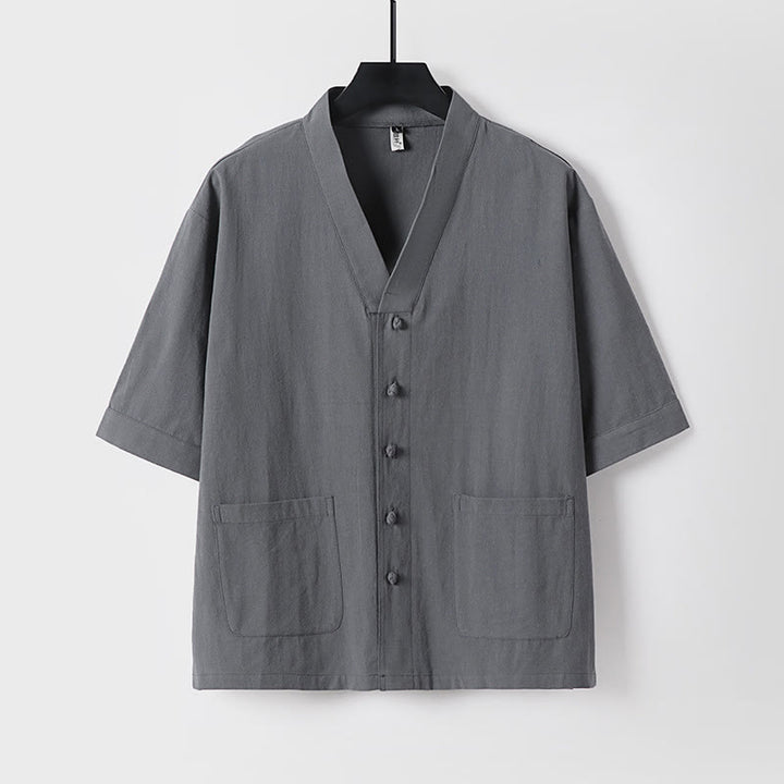 Conjunto de 2 piezas de camisa y pantalones de algodón con cuello en V y bolsillos para meditación de verano para hombre con Buddha Stones - image 2