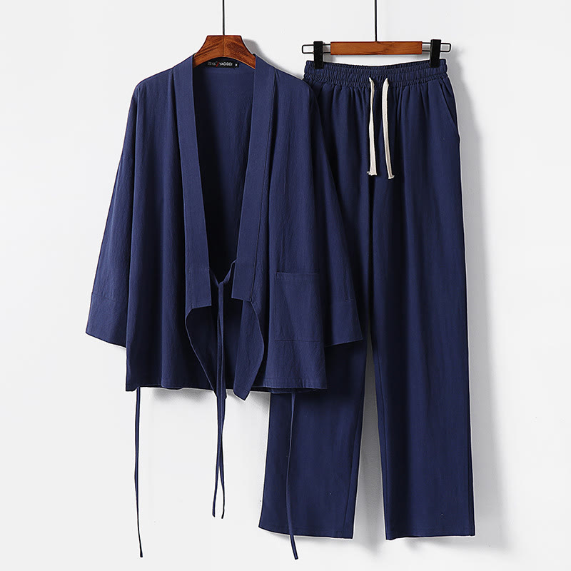 Conjunto de 2 pantalones kimono de algodón con cordones y bolsillos para hombre con Buddha Stones . - Azul acero - US/UK/AU54, EU64 (9XL) - image 11