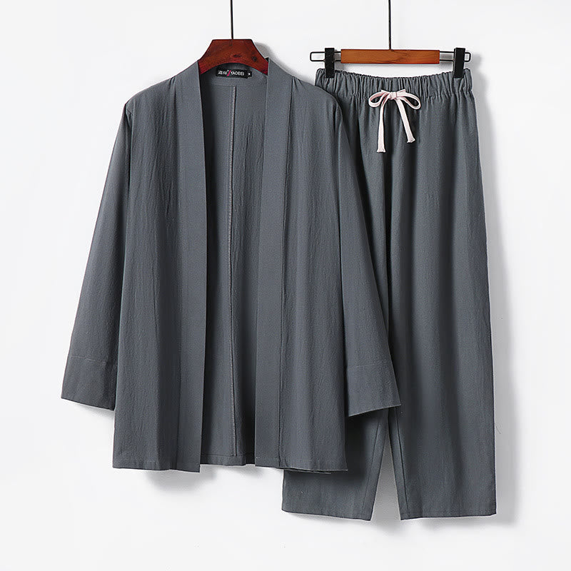 Conjunto de 2 piezas de kimono de algodón con pantalones hasta los tobillos para hombre con Buddha Stones. - Gris - US/UK/AU54, EU64 (9XL) - image 1