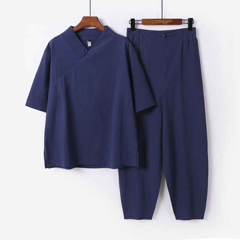 Conjunto de 2 piezas de camisa y pantalones de algodón con cuello en V y media manga con bolsillos para meditación de Buddha Stones para hombre - Azul acero - US. UK/ AU56, UE66 (9XL) - image 1