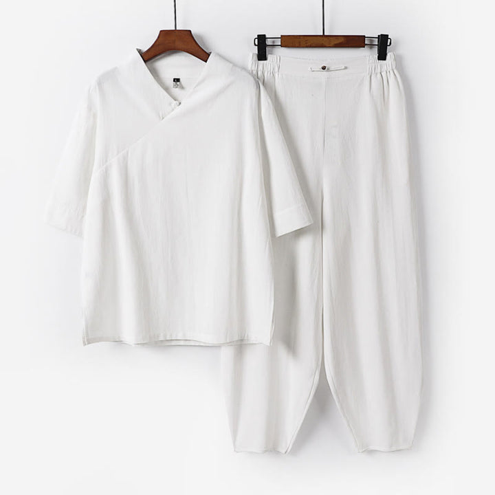 Conjunto de 2 piezas de camisa y pantalones de algodón con cuello en V y media manga con bolsillos para meditación de Buddha Stones para hombre - Blanco - US. UK/ AU56, UE66 (9XL) - image 5