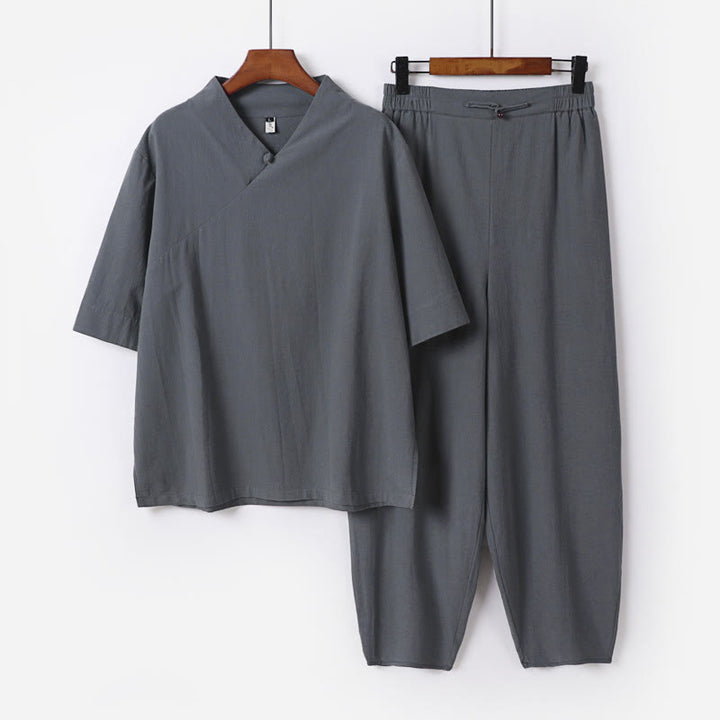 Conjunto de 2 piezas de camisa y pantalones de algodón con cuello en V y media manga con bolsillos para meditación de Buddha Stones para hombre - Gris - US UK/ AU56, UE66 (9XL) - image 7