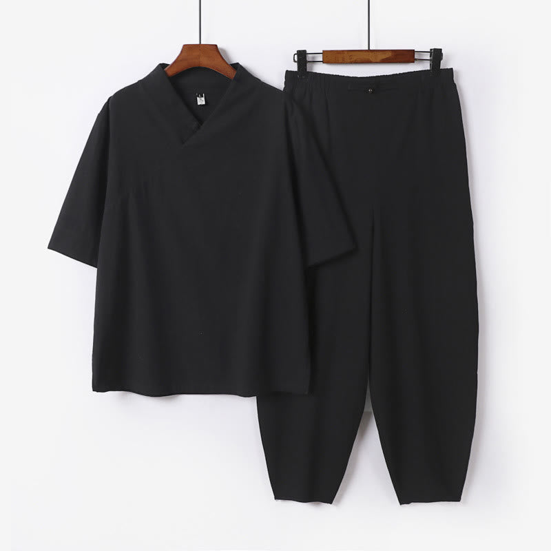 Conjunto de 2 piezas de camisa y pantalones de algodón con cuello en V y media manga con bolsillos para meditación de Buddha Stones para hombre - Negro - US UK/ AU56, UE66 (9XL) - image 16