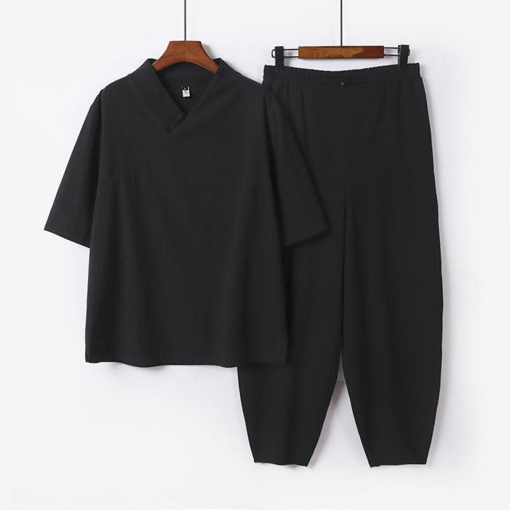 Conjunto de 2 piezas de camisa y pantalones de algodón con cuello en V y media manga con bolsillos para meditación de Buddha Stones para hombre - Negro - US UK/ AU56, UE66 (9XL) - image 16