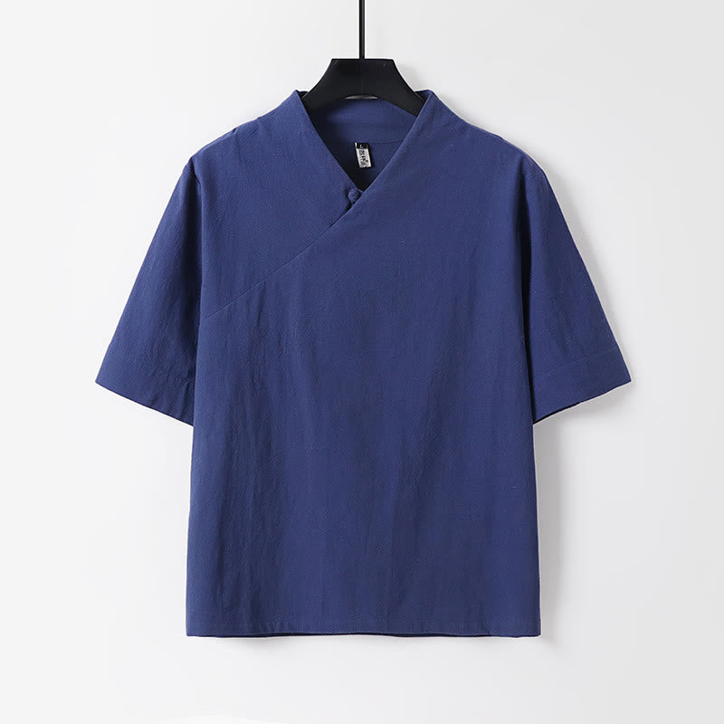 Conjunto de 2 piezas de camisa y pantalones de algodón con cuello en V y media manga con bolsillos para meditación de Buddha Stones para hombre - image 1