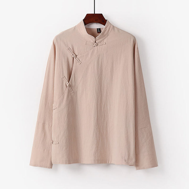 Camisa de algodón de manga larga para hombre, estilo vintage, con botones de rana y diseño chino con Buddha Stones - Trigo - US/UK/AU50, EU60 (7XL) - image 4