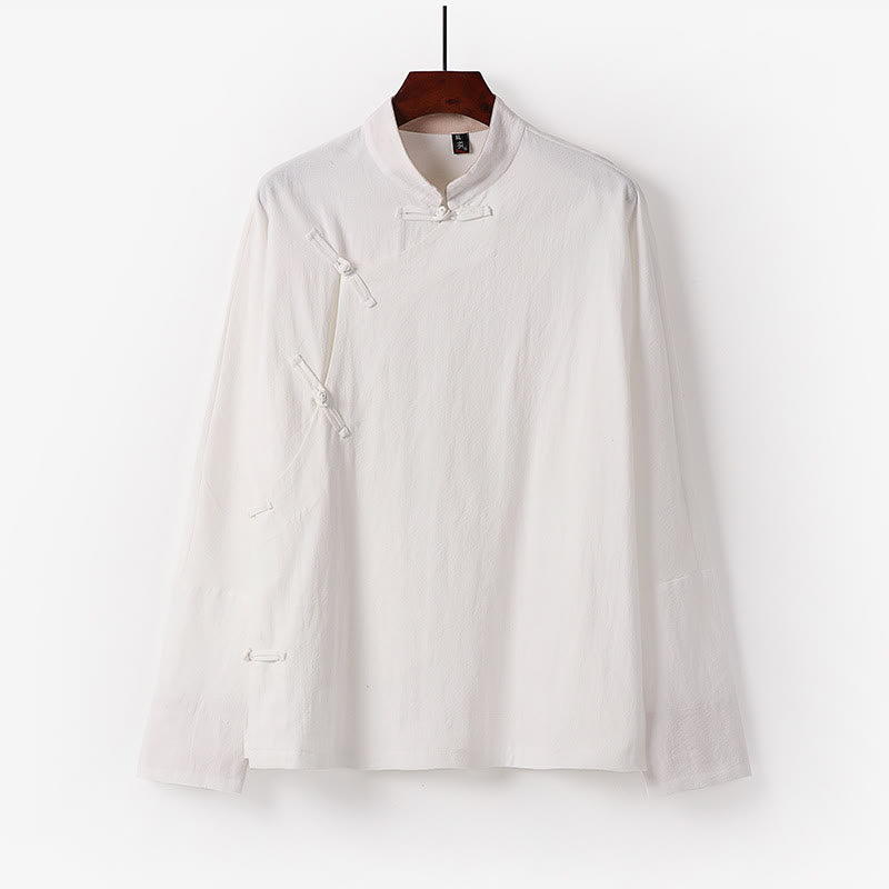 Camisa de algodón de manga larga para hombre, estilo vintage, con botones de rana y diseño chino con Buddha Stones - Blanco - US/UK/AU50, EU60 (7XL) - image 1