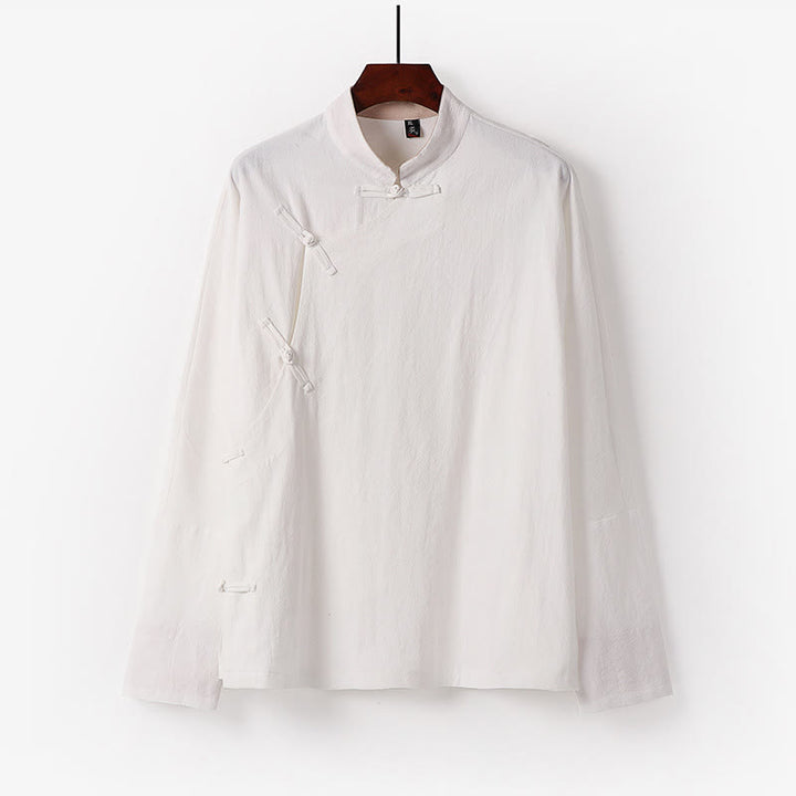 Camisa de algodón de manga larga para hombre, estilo vintage, con botones de rana y diseño chino con Buddha Stones - Blanco - US/UK/AU50, EU60 (7XL) - image 1