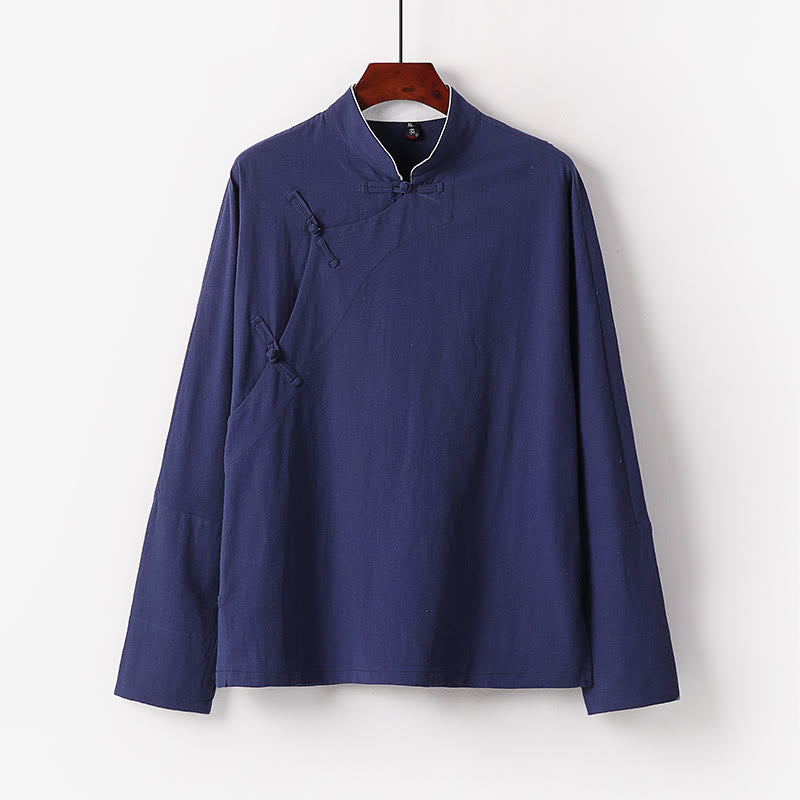 Camisa de algodón de manga larga para hombre, estilo vintage, con botones de rana y diseño chino con Buddha Stones - Azul acero - US/UK/AU50, EU60 (7XL) - image 0