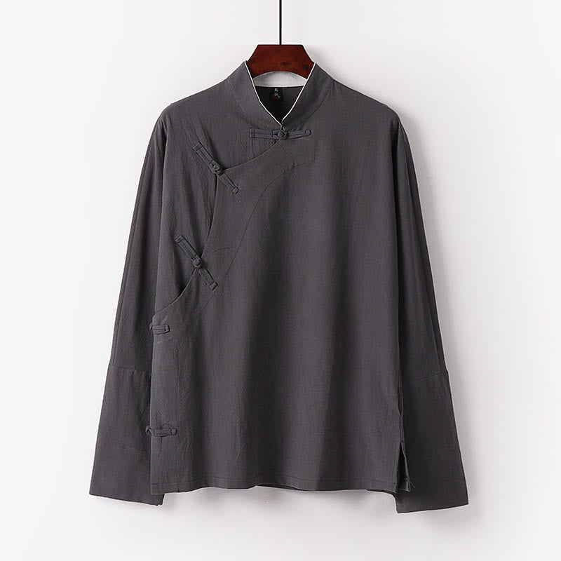 Camisa de algodón de manga larga para hombre, estilo vintage, con botones de rana y diseño chino con Buddha Stones - Gris claro - US/UK/AU50, EU60 (7XL) - image 2