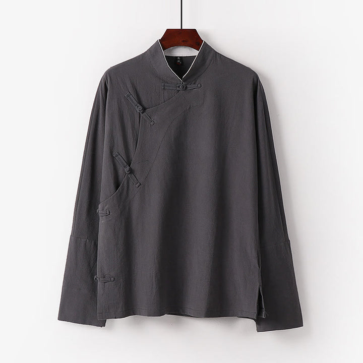 Camisa de algodón de manga larga para hombre, estilo vintage, con botones de rana y diseño chino con Buddha Stones - Gris claro - US/UK/AU50, EU60 (7XL) - image 2