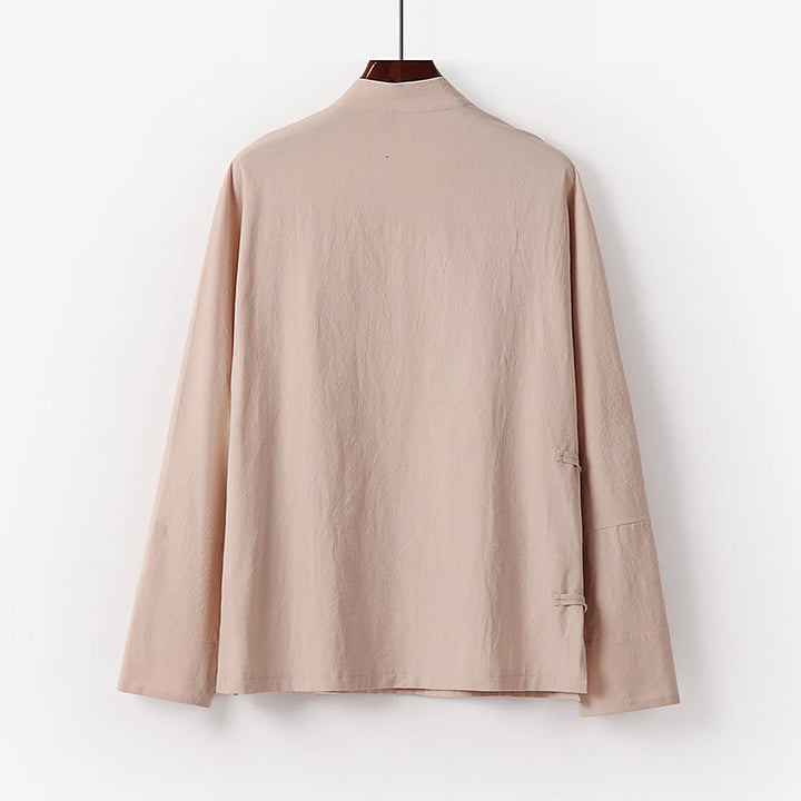 Camisa de algodón de manga larga para hombre, estilo vintage, con botones de rana y diseño chino con Buddha Stones - image 5