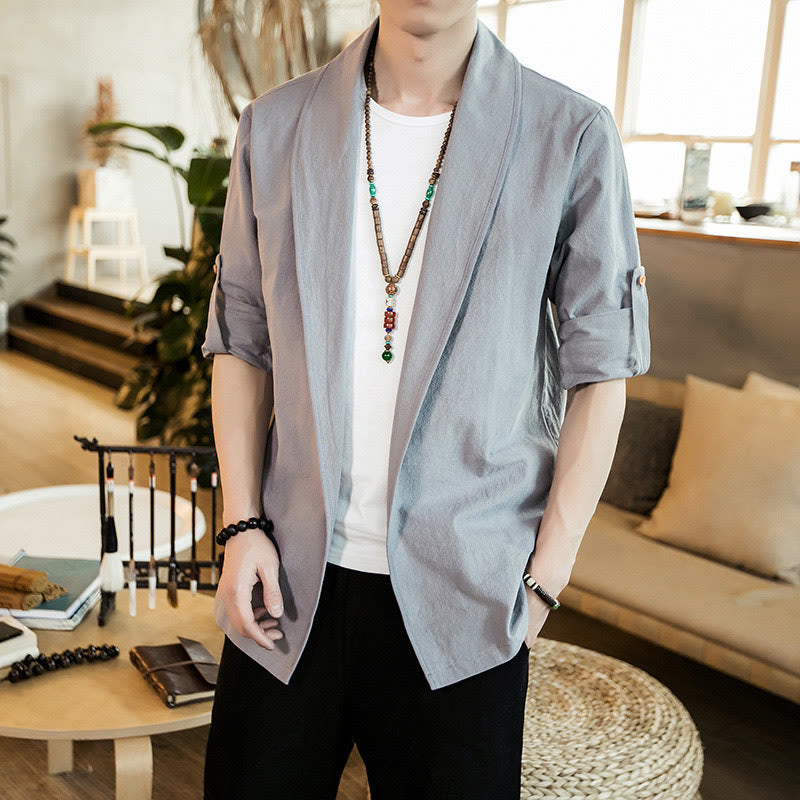 Chaqueta estilo kimono de algodón para hombre con solapas lisas y diseño vintage de Buddha Stones - Gris claro - US/UK/AU46, EU56 (5XL) - image 8