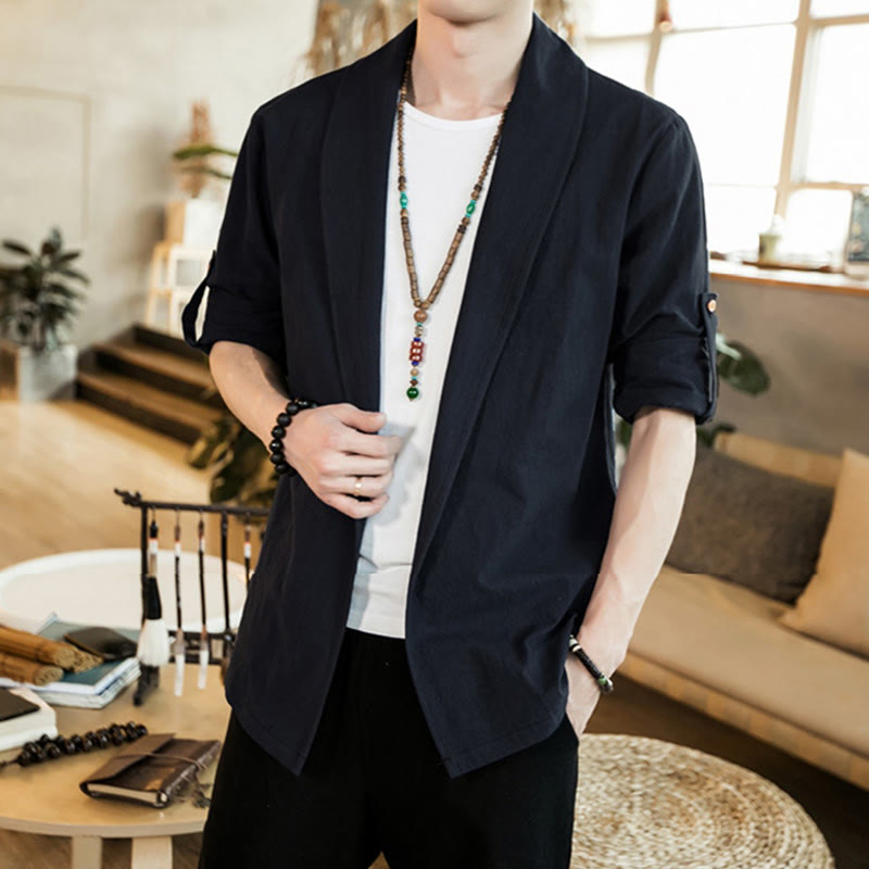 Chaqueta estilo kimono de algodón para hombre con solapas lisas y diseño vintage de Buddha Stones - Negro - US/UK/AU46, EU56 (5XL) - image 16