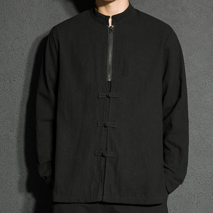 Camisa de algodón de manga larga para hombre con Buddha Stones , cierre liso y botones de rana chinos - image 5