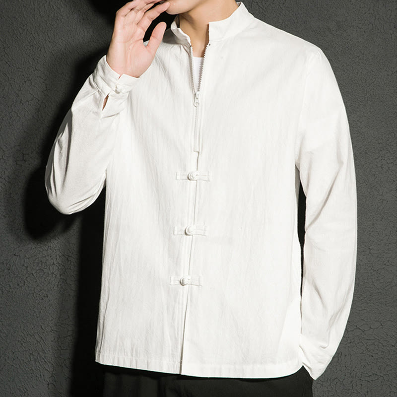 Camisa de algodón de manga larga para hombre con Buddha Stones , cierre liso y botones de rana chinos - image 10