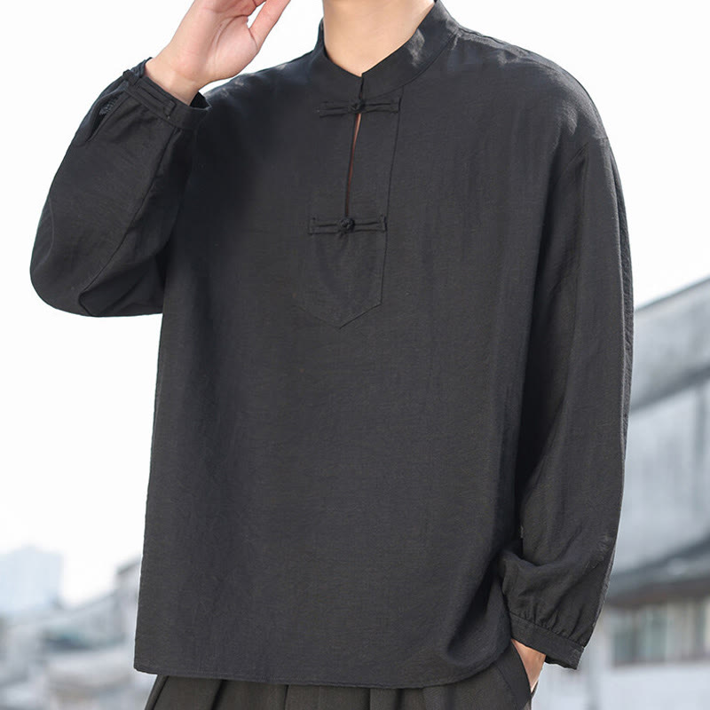 Camisa de algodón de manga larga con cuello alto y dos botones de rana para hombre con Buddha Stones - Negro - US/UK/AU48，EU58(5XL) - image 0