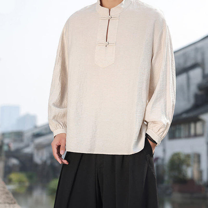 Camisa de algodón de manga larga con cuello alto y dos botones de rana para hombre con Buddha Stones - image 16