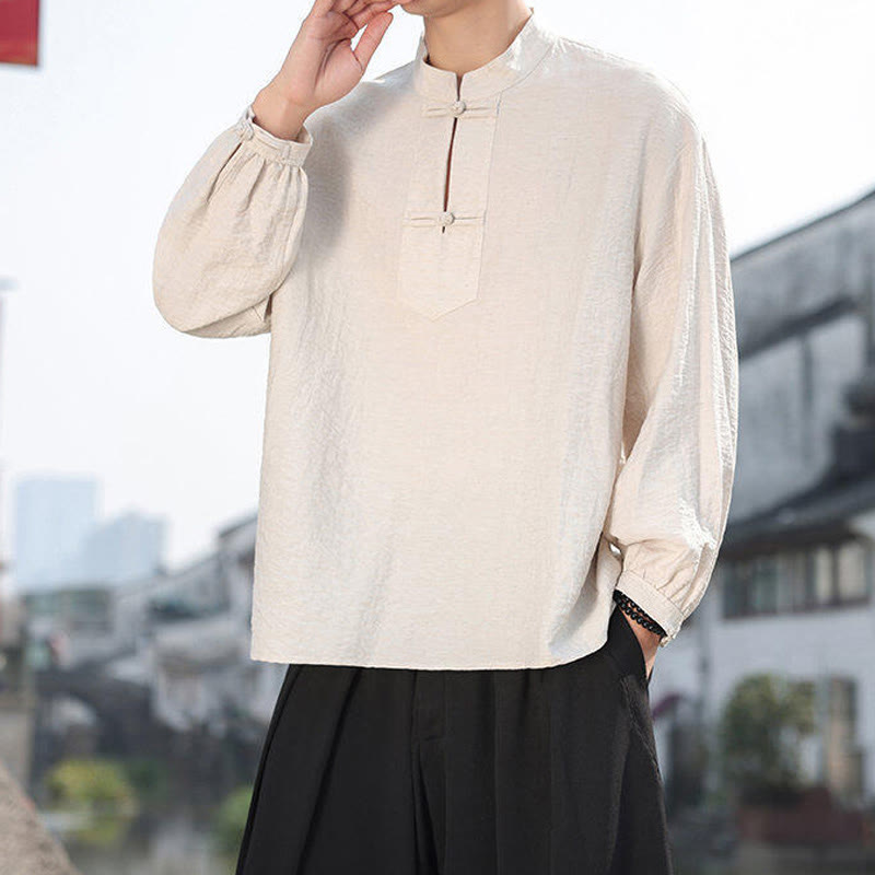 Camisa de algodón de manga larga con cuello alto y dos botones de rana para hombre con Buddha Stones - image 14