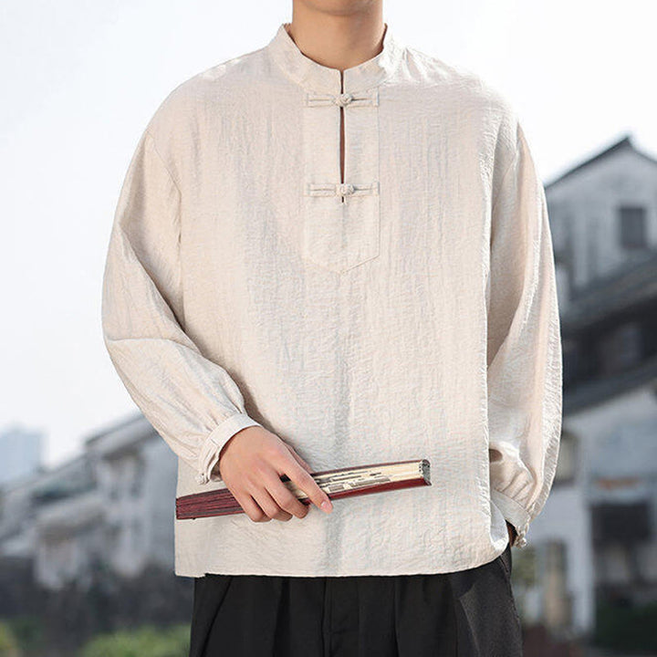 Camisa de algodón de manga larga con cuello alto y dos botones de rana para hombre con Buddha Stones - image 18