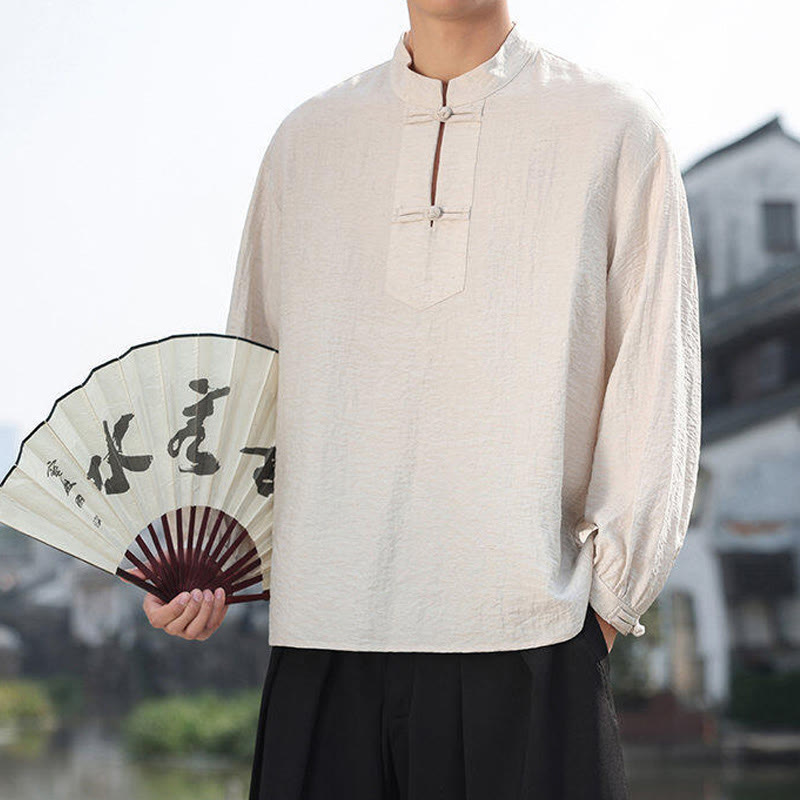 Camisa de algodón de manga larga con cuello alto y dos botones de rana para hombre con Buddha Stones - image 13