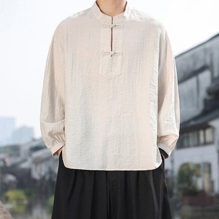 Camisa de algodón de manga larga con cuello alto y dos botones de rana para hombre con Buddha Stones - image 15