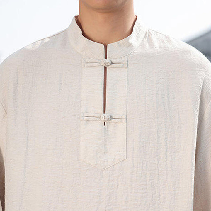 Camisa de algodón de manga larga con cuello alto y dos botones de rana para hombre con Buddha Stones - image 20