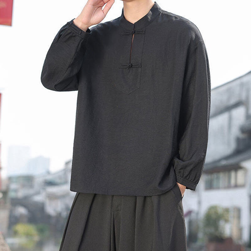 Camisa de algodón de manga larga con cuello alto y dos botones de rana para hombre con Buddha Stones - image 3